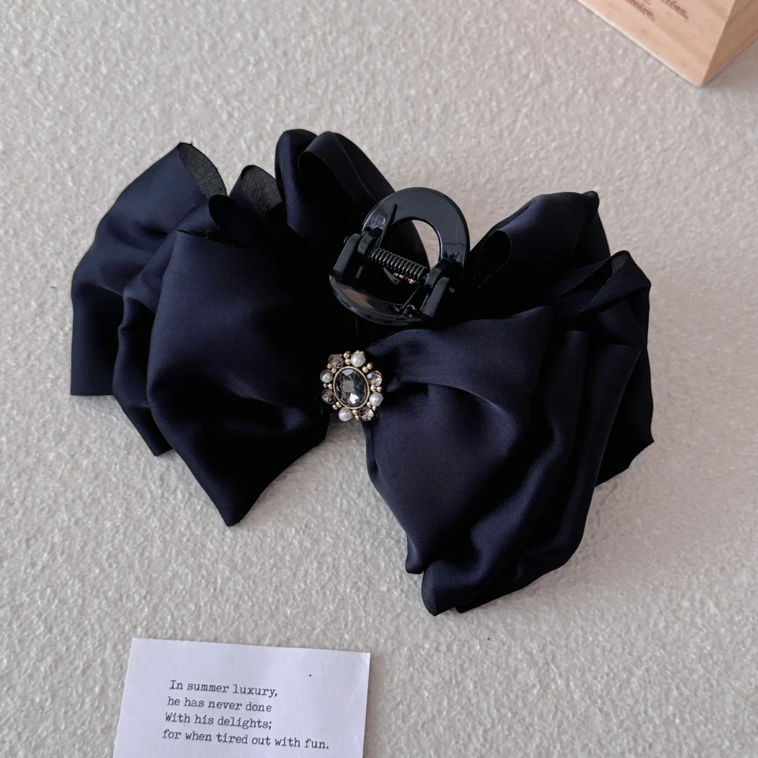 10pcs/lot Solid Silk Satin Bow Hair Claws for Women Elegant Hair Ornament Round Crystals Buckle Decorated Hair Bow Shark Claws