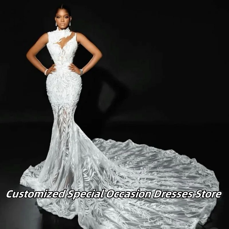 

Luxury Lace Applique High Neck Evening Dresses Long Mermaid Sleeveless Wedding Party Dress Vestido De Festa Females Customized