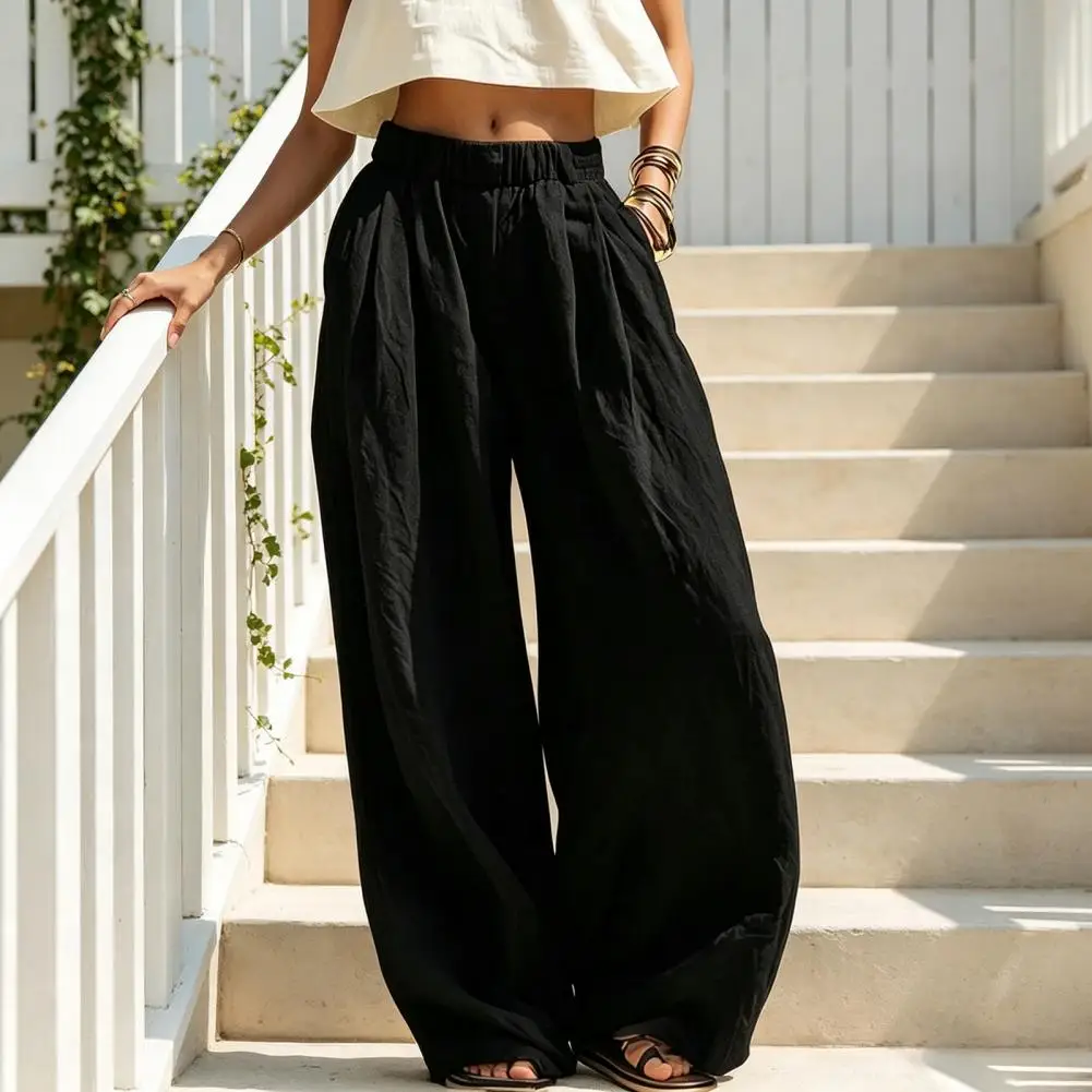 Palazzo Pants with Pockets Women Wide Leg Pants Elastic Waist Loose Trousers with Pockets Pleated Palazzo Pants for Spring Fall