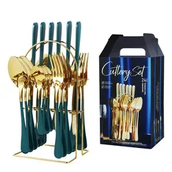 Aço inoxidável Golden Talheres Set, Louça, Louça, Garfo, Colher, Louça, Festival, Cozinha, Presente, 24pcs