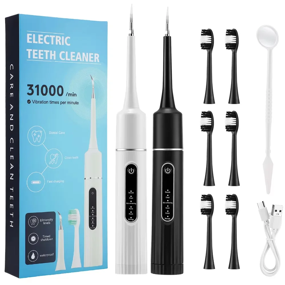 Electric Tooth Cleaner Waterproof Toothbrush Sonic Vibration Dental Scaler Plaque Calculus Tartar Remover With 5pcs Brush Heads