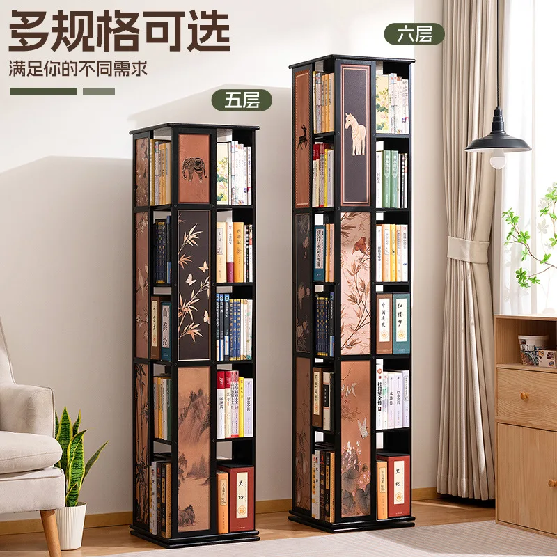 Medieval style rotating bookshelf floor shelf living room simple bookcase light luxury children's picture book rack integrated a