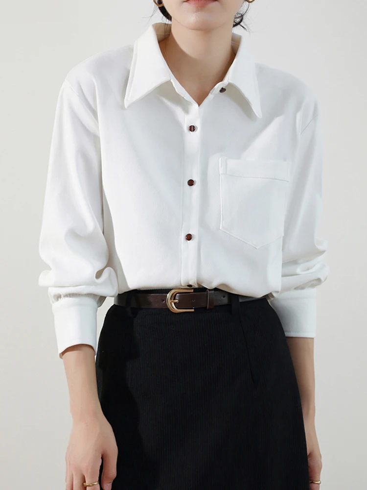 QOERLIN Corduroy White Shirts Women Work Wear Office Ladies Single-Breasted Long Sleeve Button Down Blouse Elegant Casual Tops