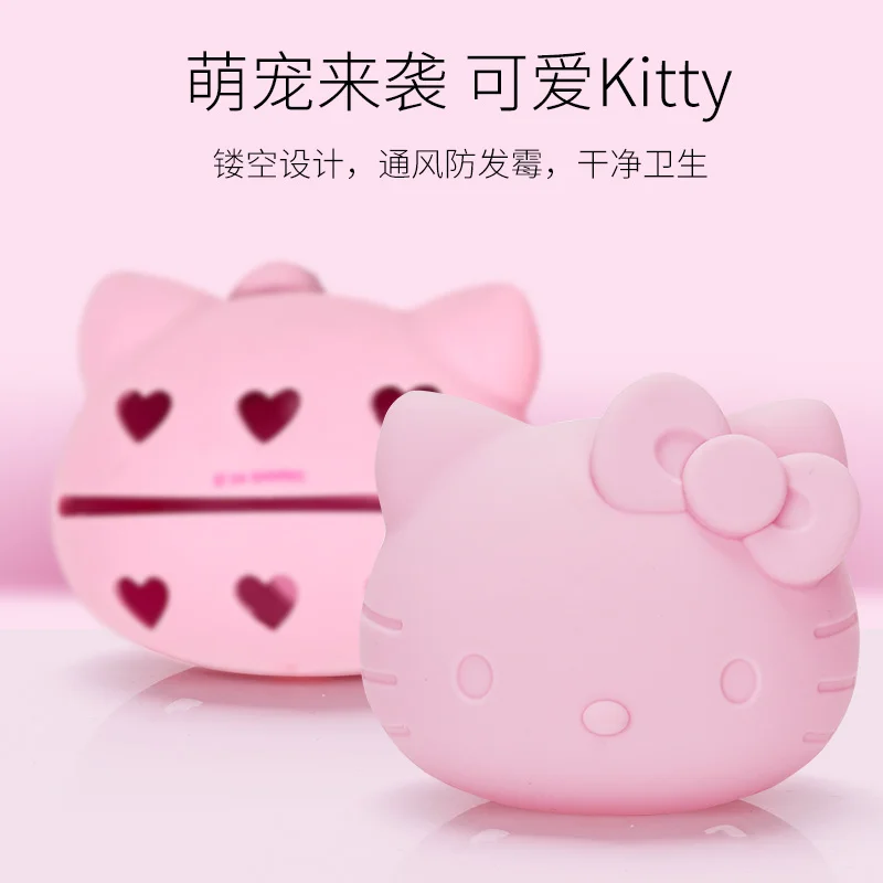 Esponja de maquiagem Hello Kitty de dupla utilização para molhado e seco, suave e não absorvente, macia e adequada para a pele com armazenamento de silicone à prova de poeira