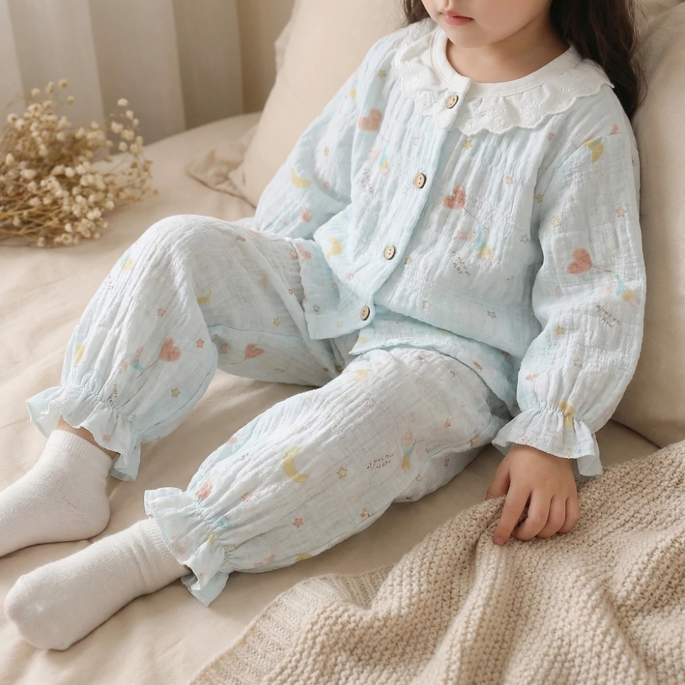 Summer Girls Floral Long Sleeve Home Clothes in Air-conditioned Room Kids Breathable Lace O Neck Pajamas Sets Child Sleepwears