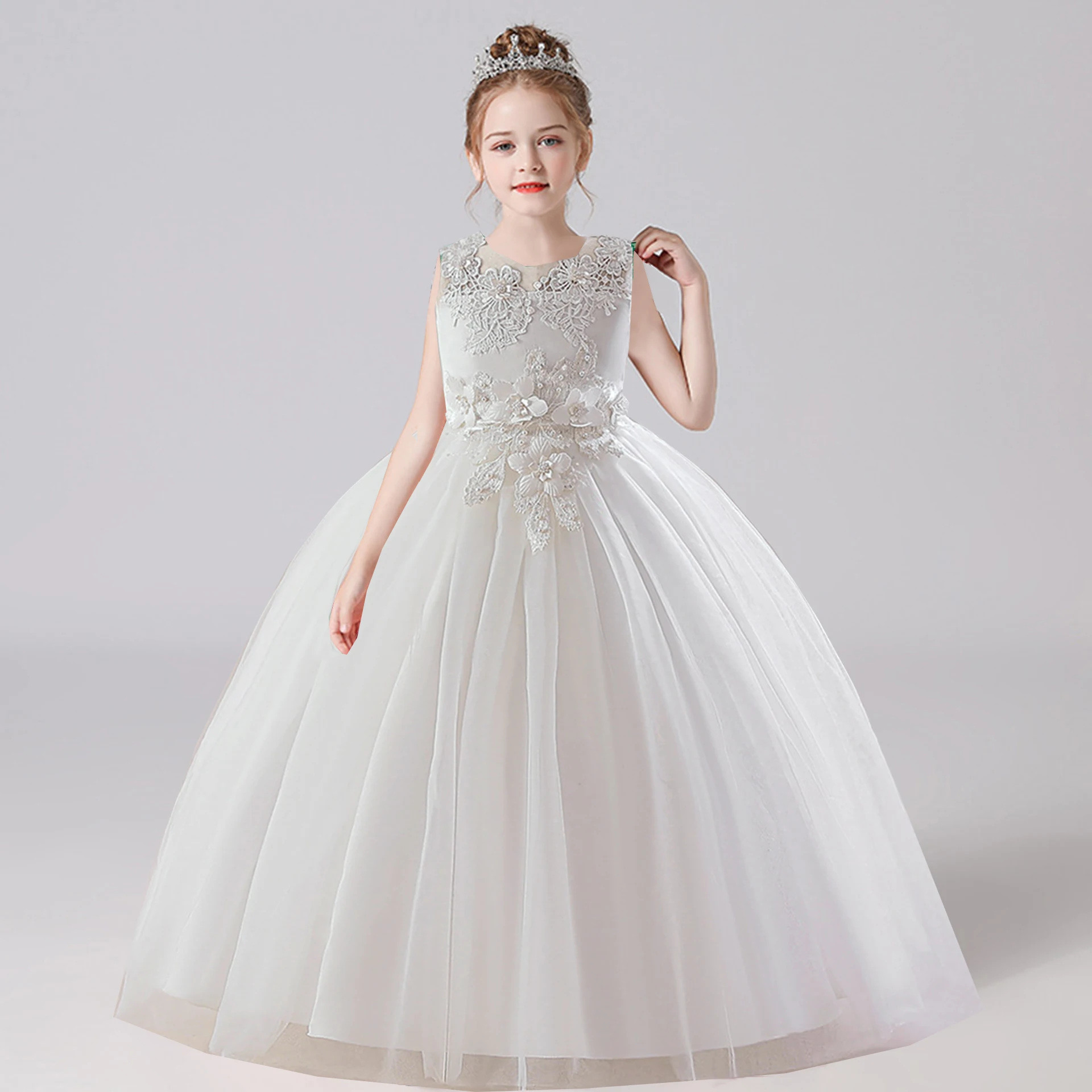 XMLSY Kids Little Big Girls Embroidered Lace Wedding Flower Girl Birthday Party Pageant Long Dress LP386