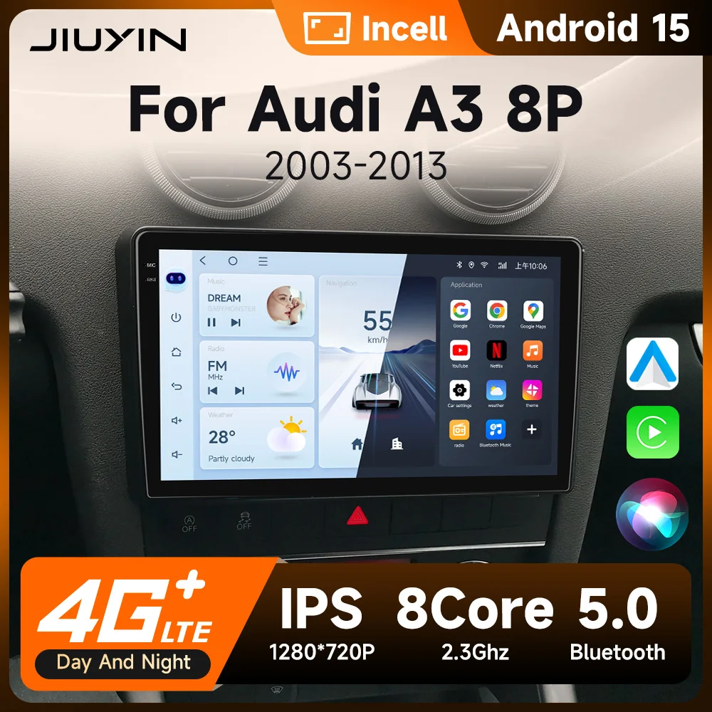 JIUYIN 9 Inch Car Radio 2 Din Android 15 Stereo With Screen For Audi A3 8P 2003-2012 Carplay Intelligent System Multimedia Wifi