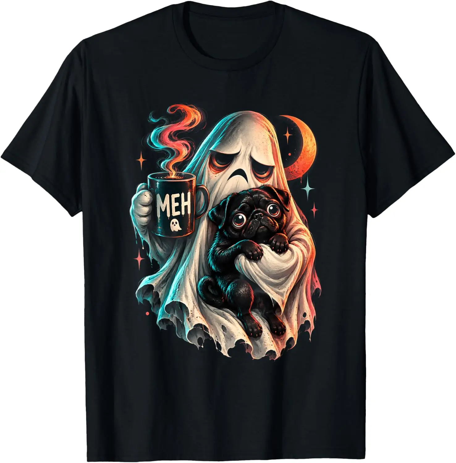 Grumpy Ghost Holding Black Pug Dog Meh Coffee Cup Halloween T-Shirt Men's Spooky Halloween Graphic Print T‑Shirt, Crew Neck Short Sleeve Casual Cotton Tee For Holiday Party Daily Street Wear.