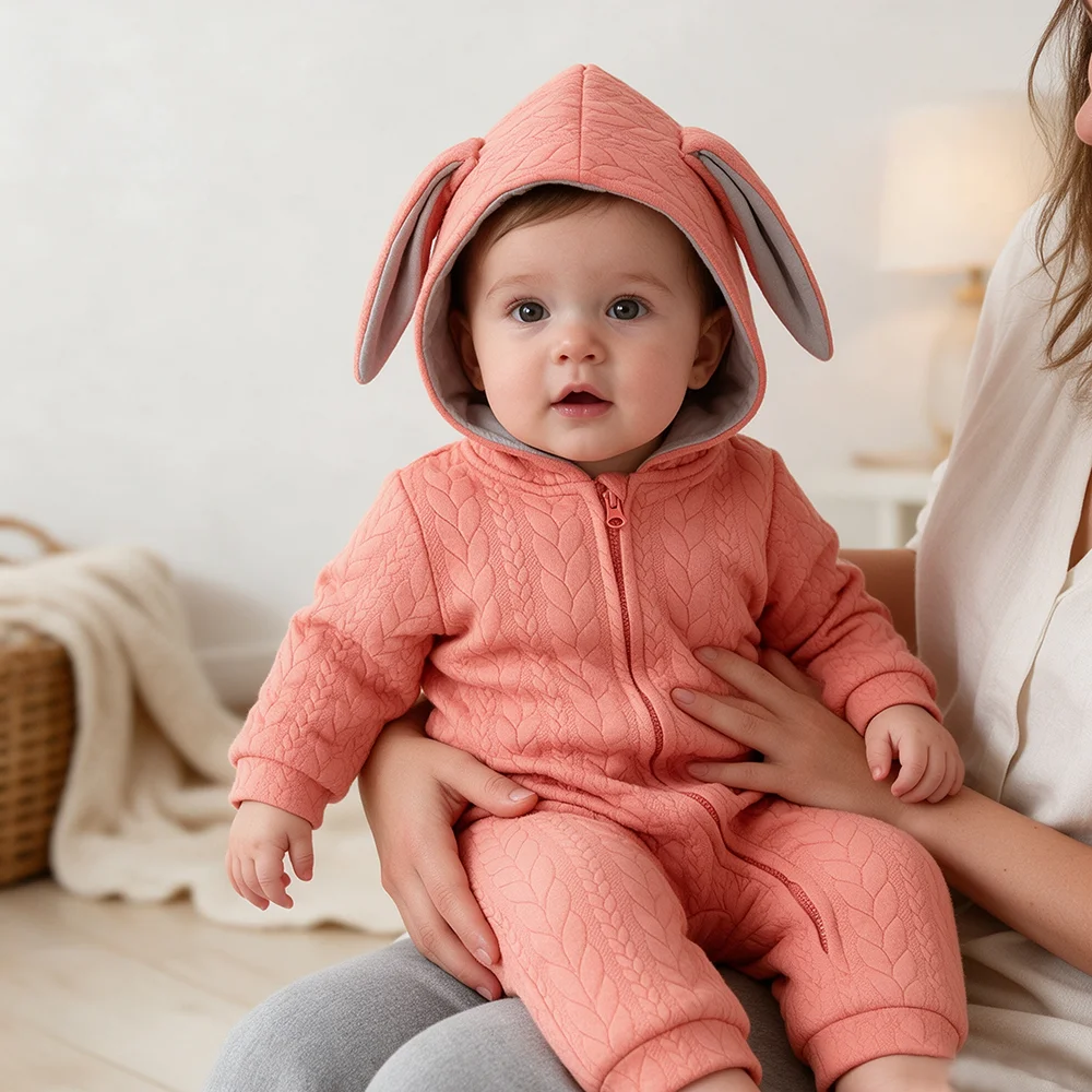 Cute Baby Bunny Ear Hooded Romper Soft Cotton Long Sleeve Zip-Up Onesie Warm Autumn Winter Infant Jumpsuit Newborn Sleepwear