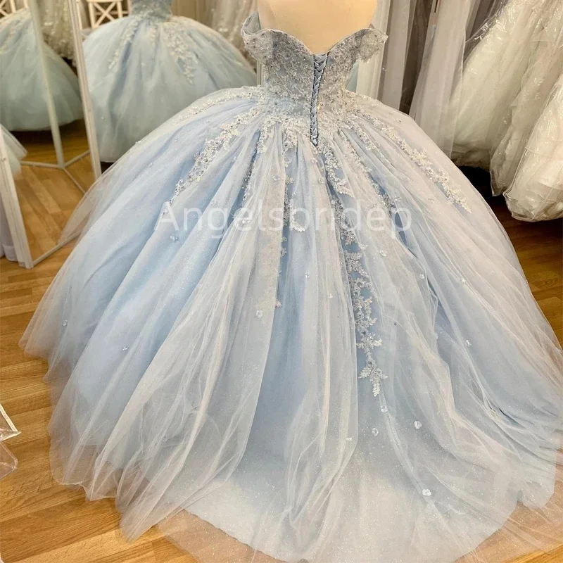 Angelsbridep Vestidos De Graduación Light Blue Appliques Princess Ball Gown Sweet 16 Quinceanera Dress  Evening Party Dresses