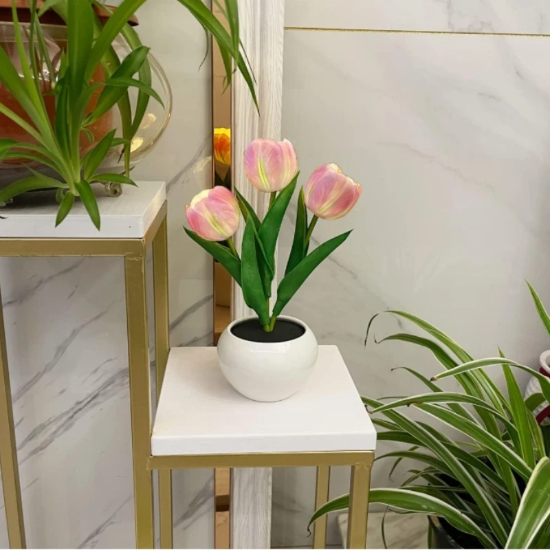 LED Simulation Tulip Night Light 3 Heads with Ceramic Vase Bedroom Bedside Lamp for Home Living Room Desktop for Home Decor