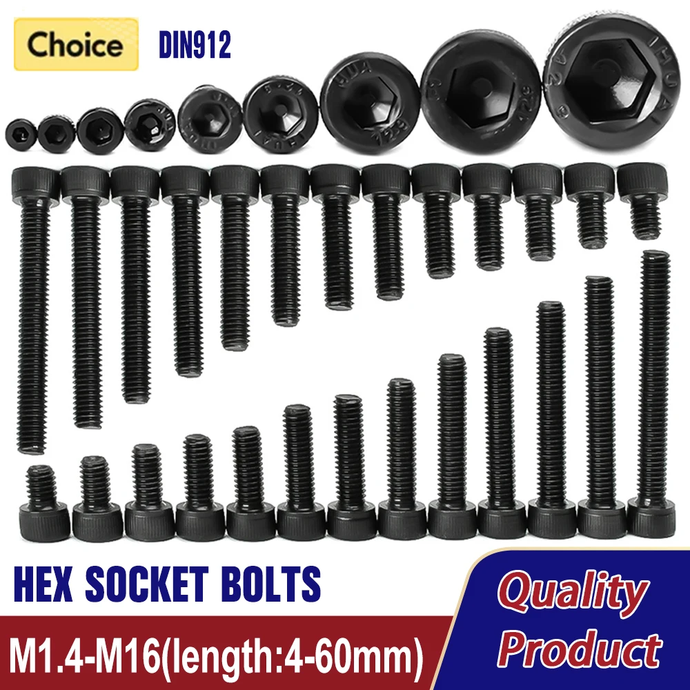 M2M3M4M5M6M8M10M12M14M16 Carbon Steel Grade 12.9 DIN912 Hex Socket Bolts Black Metric Threaded Hexagonal Machine Screws DIY Bolt