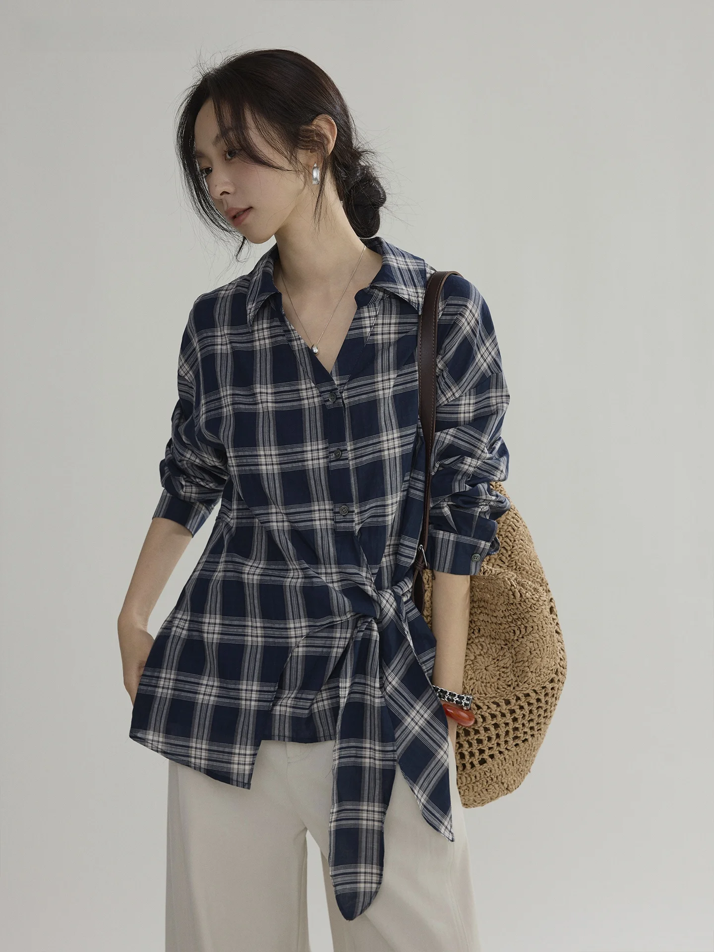 

Женская рубашка Joli в корейском стиле в клетку с длинным рукавом, свободного кроя, с эффектом стройности, с цветными блоками и поясом, повседневный стиль, дышащий хлопок