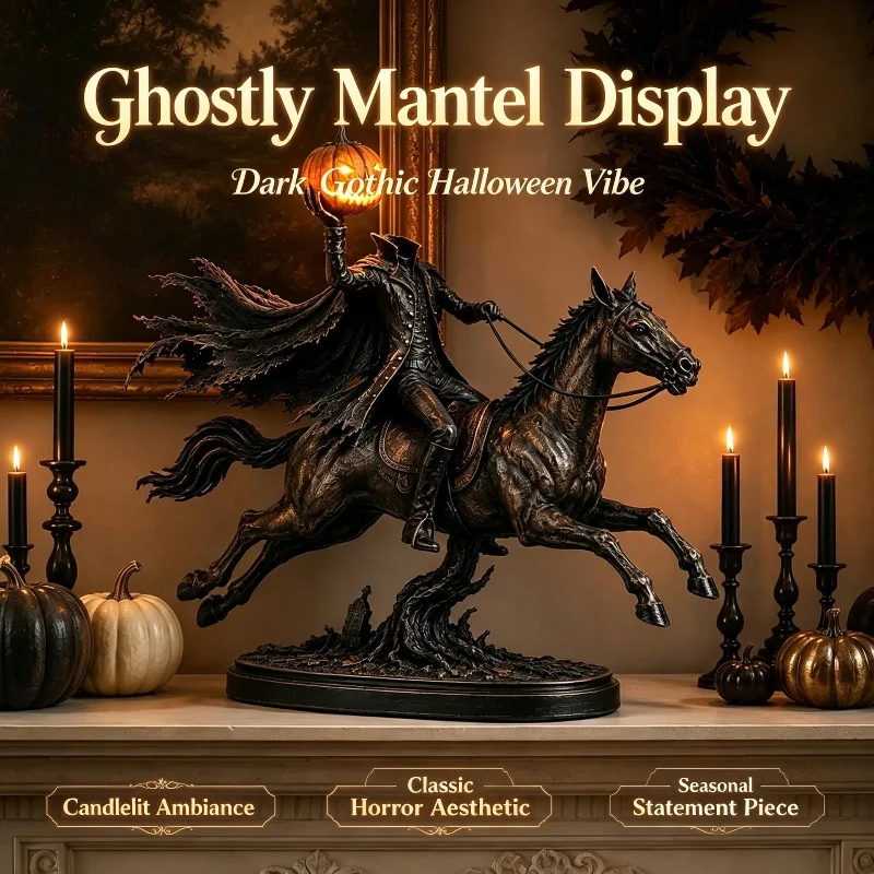 Vintage Headless Horseman Resin Figurine Pumpkin Knight Riding Horse Sculpture Halloween Desktop Decoration Gift