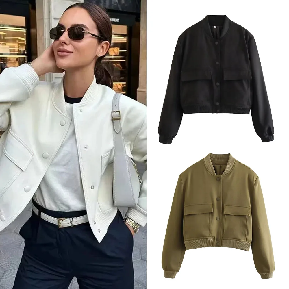 Woman Bomber Jacket Coat Black White Autumn Winter Button Baseball Aviator Cropped Jackets for Women Long Sleeve Crop Outerwear