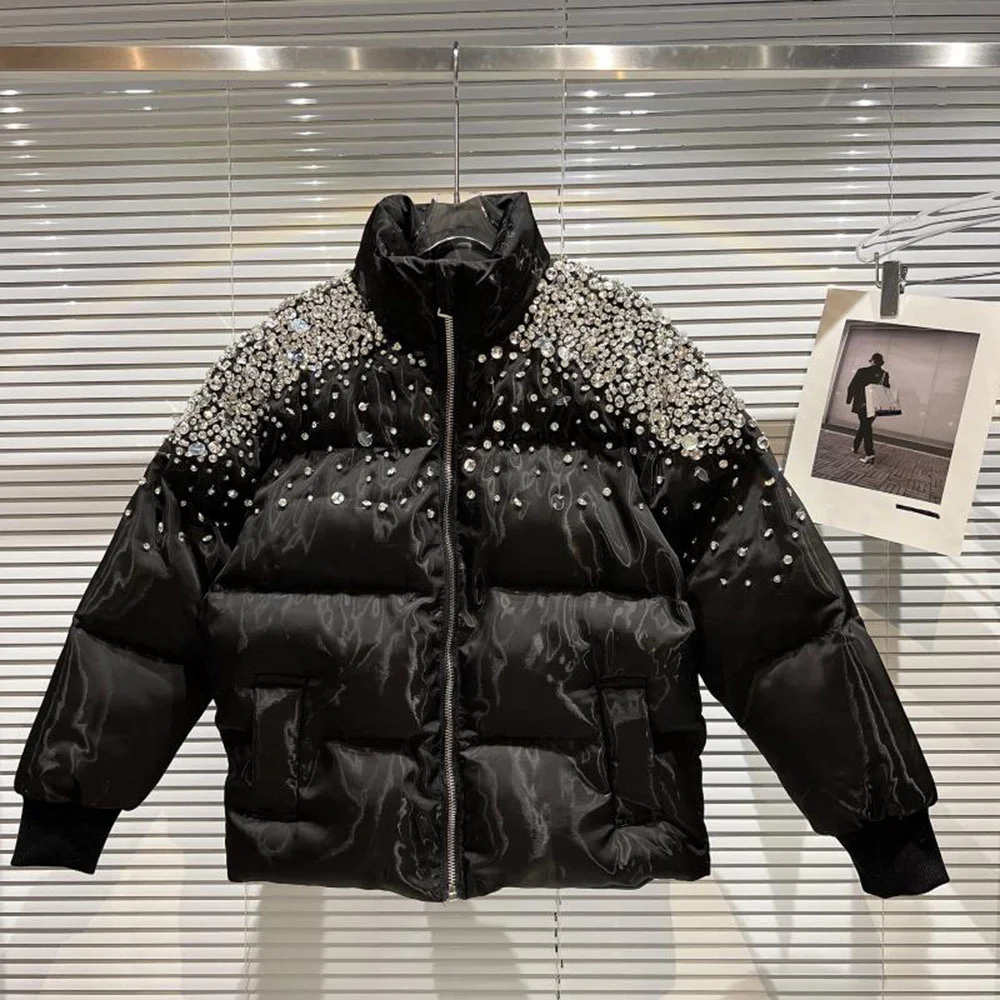 2023 cotone nero imbottito inverno nuove particelle di spalla Design con perline di strass cappotto di pane sciolto parka caldo per le donne