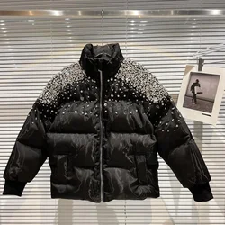 2023 Black Cotton-Padded Winter New Shoulder Particles Rhinestone Beaded Design Bread Coat Loose Warm Parkas for Women