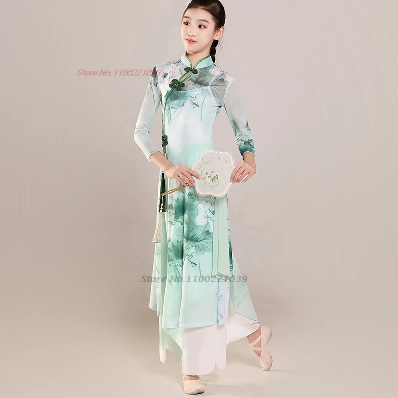 2025 Chinese vintage kinderen volksdans kostuum bloemenprint mesh qipao + broek set vintage jurk podiumvoorstelling kostuum