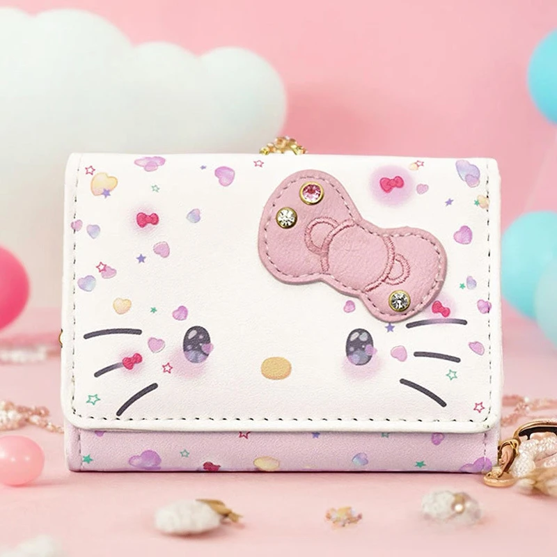 Sanrio กระเป๋าสตางค์ลาย Hello Kitty, กระเป๋า50TH ฉลองครบรอบปีกระเป๋าหนัง PU แฟชั่นลำลองกระเป๋าใส่บัตรน่ารัก kado ulang tahun