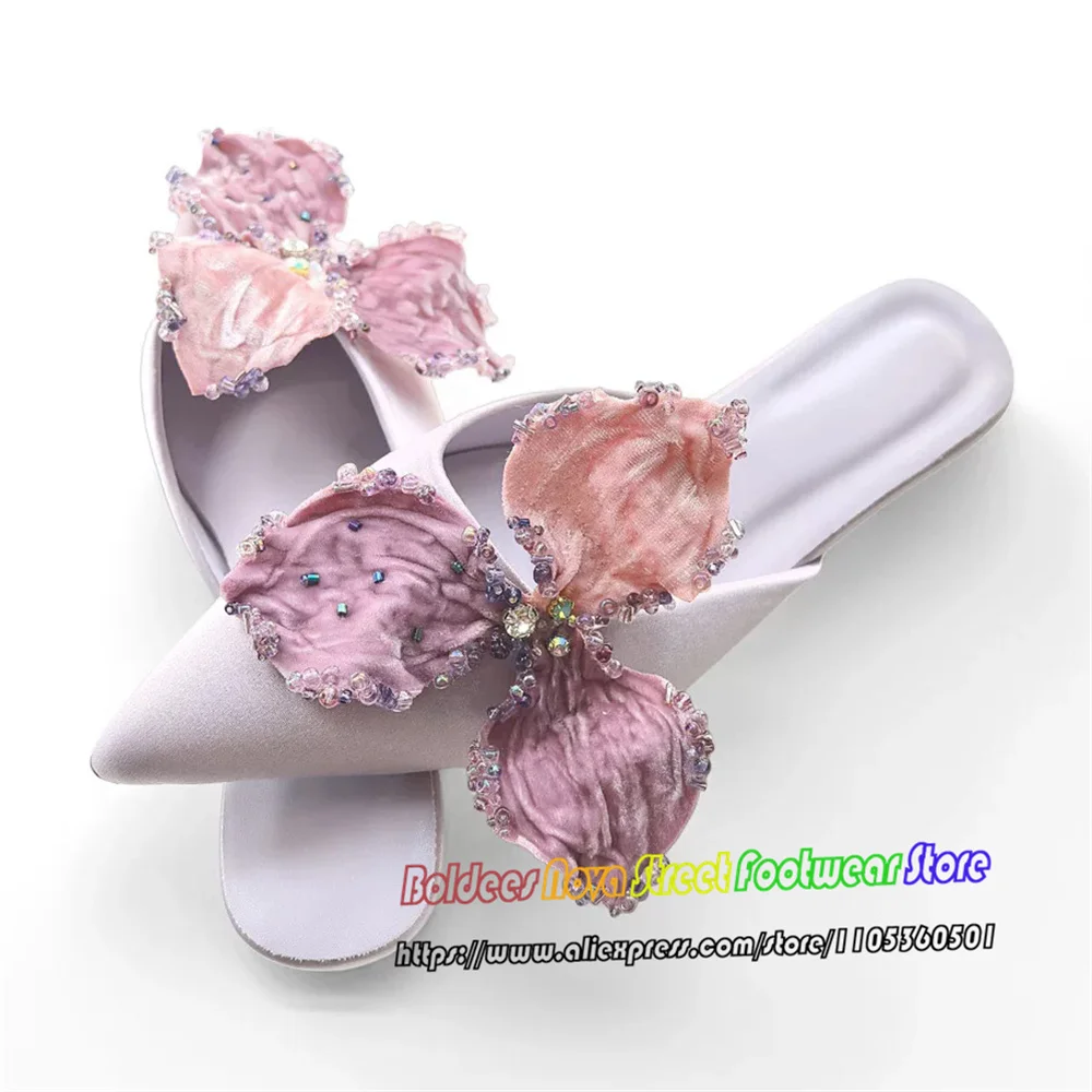 Silk Pointed Large-Size Low-Heel Flat Sandal Women's Shoes Three-Dimensional Velvet Flowers and Rhinestones Slingback Slippers