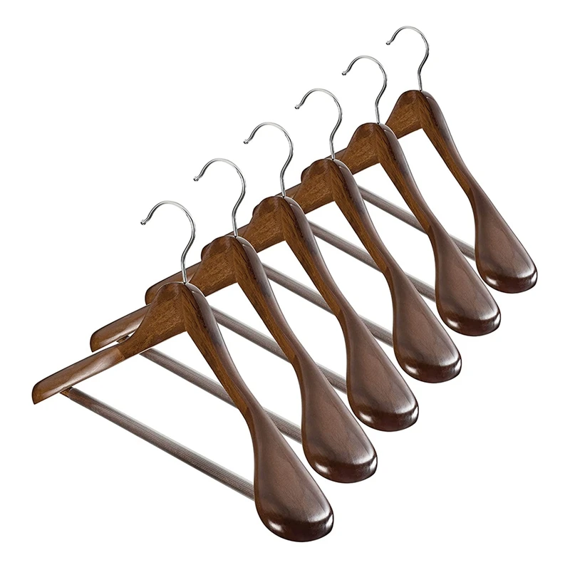 

Wide Shoulder Wooden Hangers 6 Pack With Non Slip Pants Bar - Smooth Finish Solid Wood Suit Hanger Coat Hanger