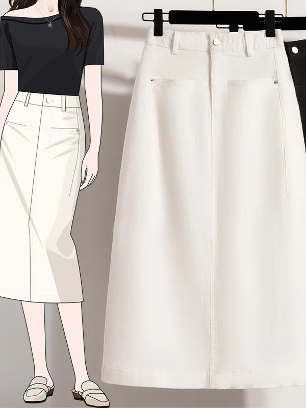 

Джинсовая юбка А-силуэта с высокой талией для женщин больших размеров, повседневная, с эластичным поясом, стройнящая, миди, в корейском стиле, для работы и отдыха