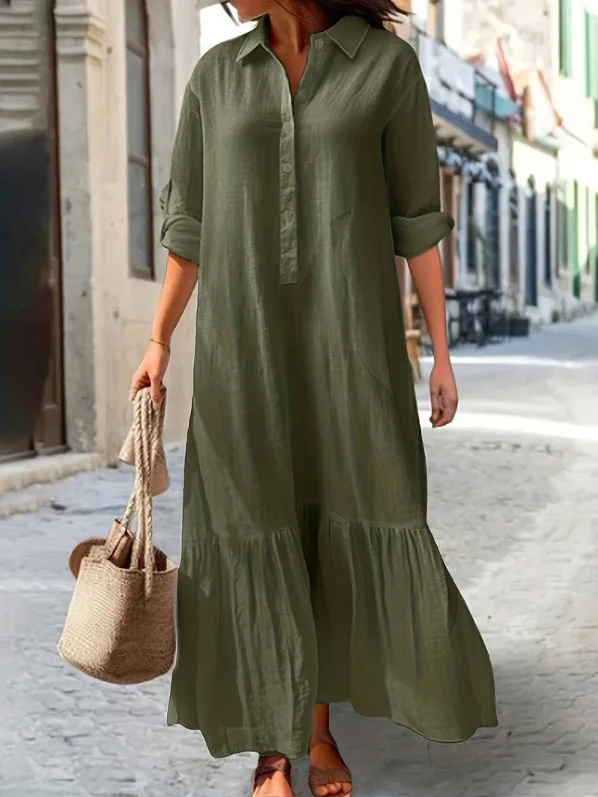 Women\'s Long Dresses Button Down Long Sleeve Vestidos Cotton Linen Lapel Solid Color Retro Oversized Layer Plus Size Maxi Dress