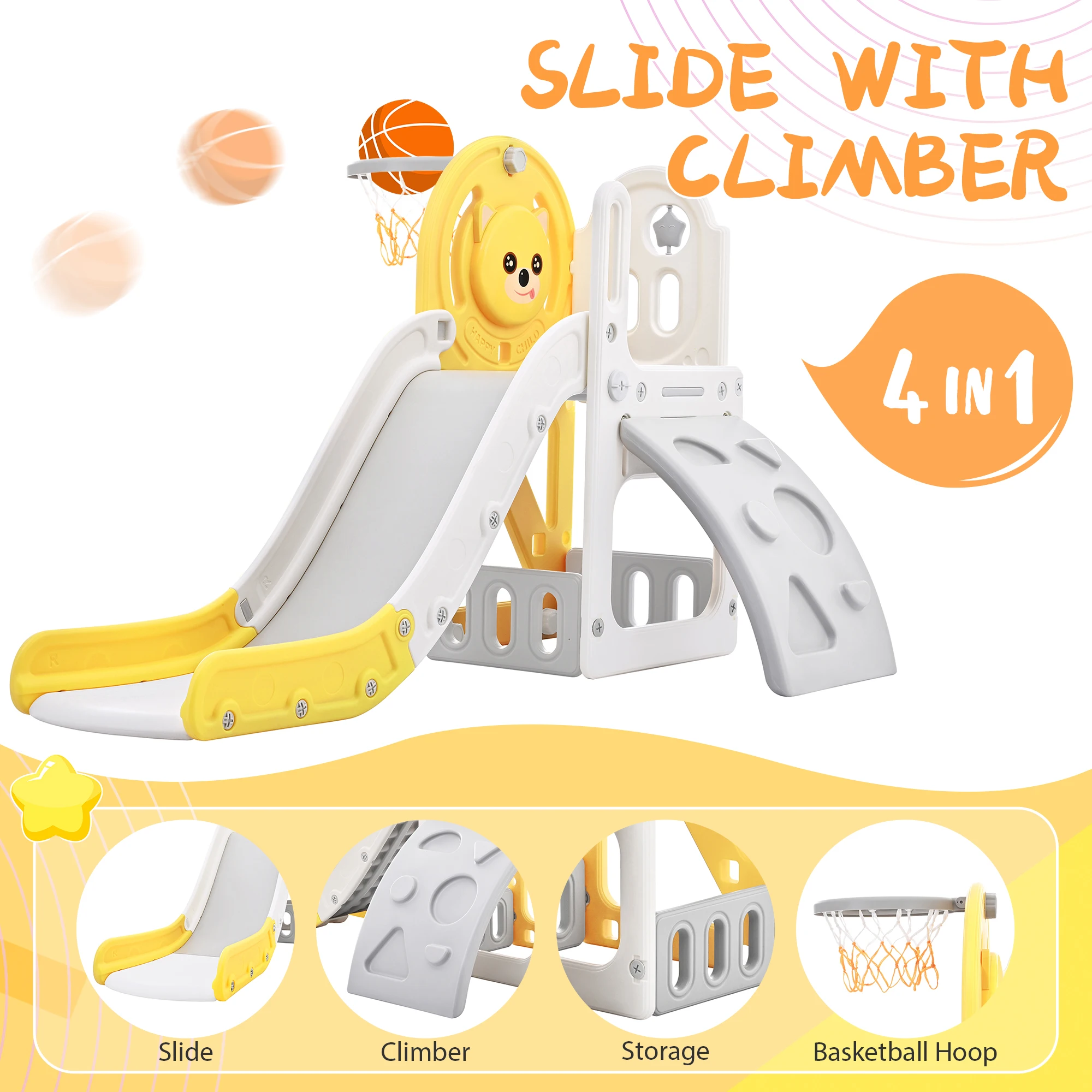 Toddler Climber and Slide Set 4 in 1, Kids Playground Climber Freestanding Slide Playset with Basketball Hoop Play Combination f