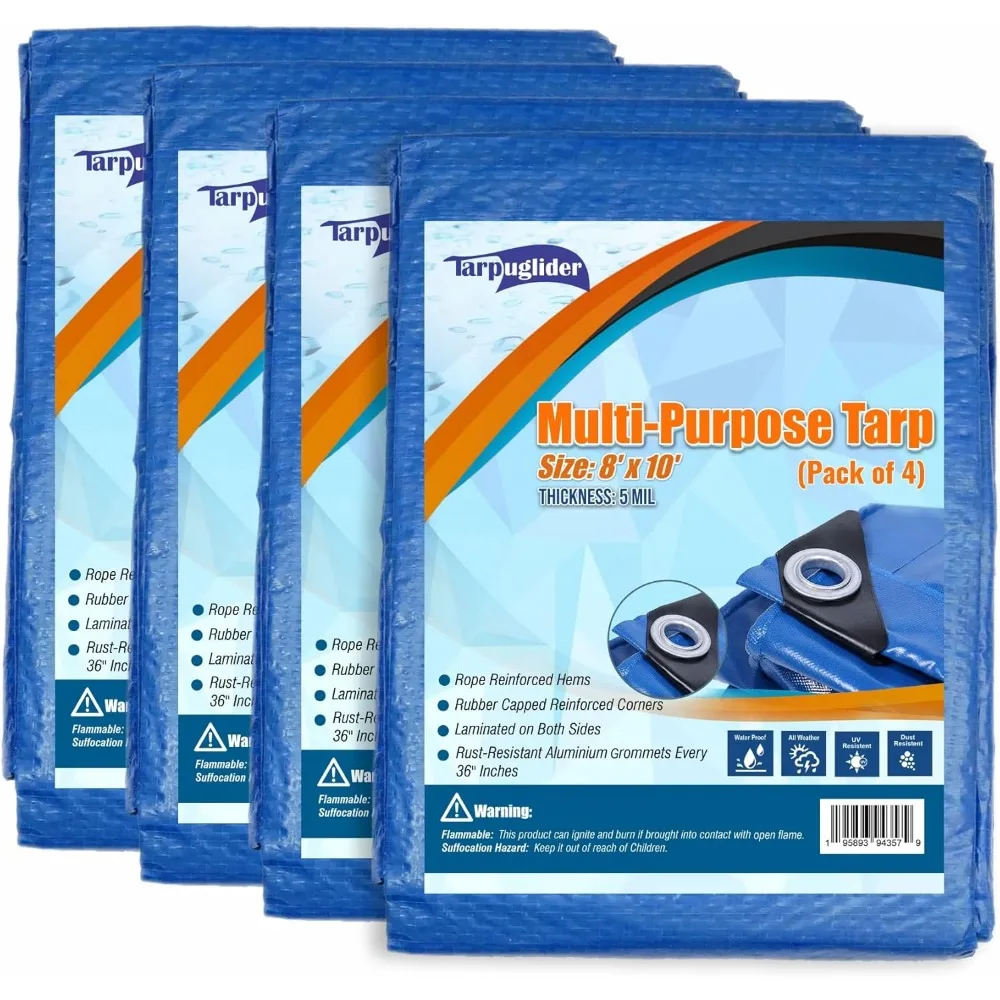 

Heavy Duty Waterproof Blue Tarp Pack of 4, 8x10 ft, 5 Mil Thick with Reinforced Edges and Grommets