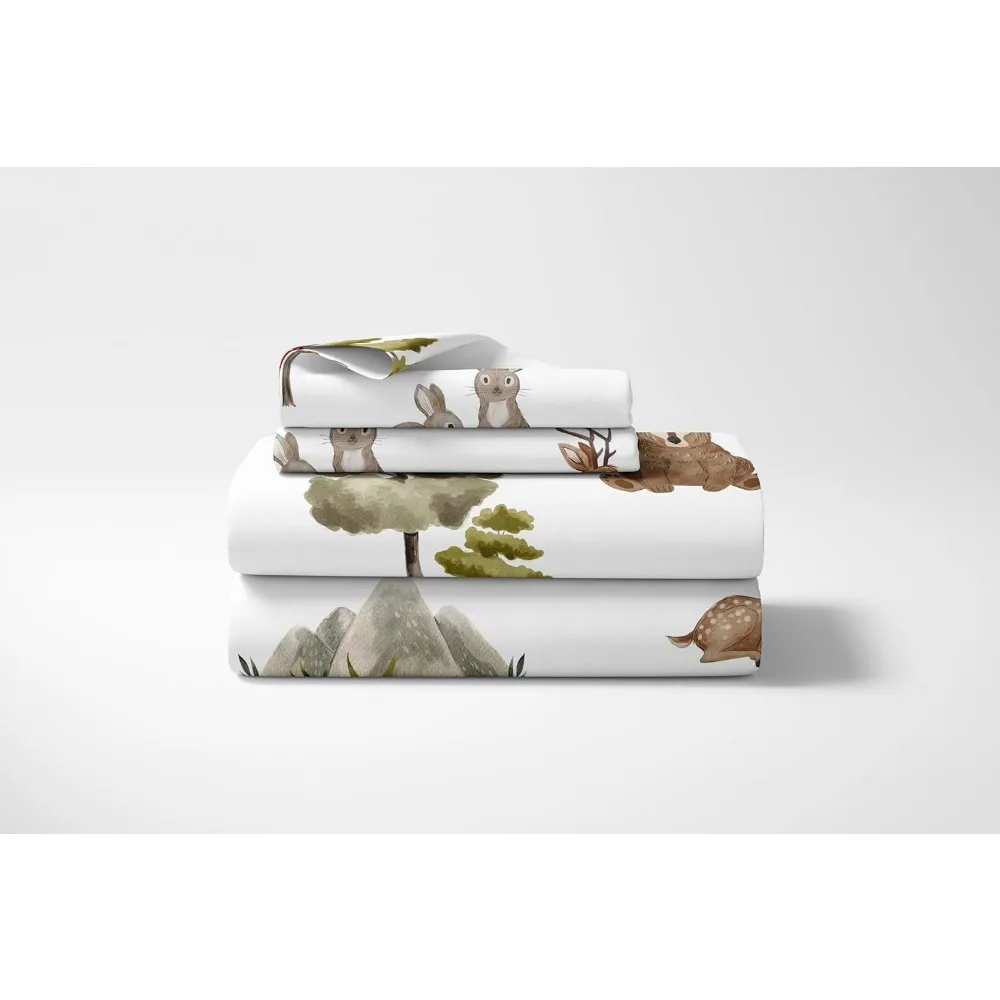 スイートジョジョデザインズ ウッドランドフォレストアニマルズ 男の子 女の子 性別中立 ユニセックス クイーンシーツセット フラットフィットシーツ 枕カバー K