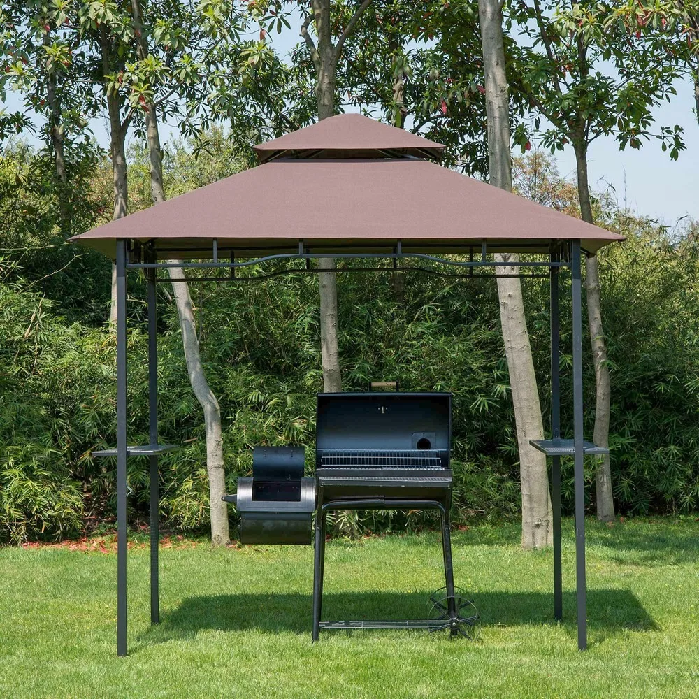 

8' x 5' Hardtop Grill Gazebo with Double Roof BBQ Gazebo, Coffee