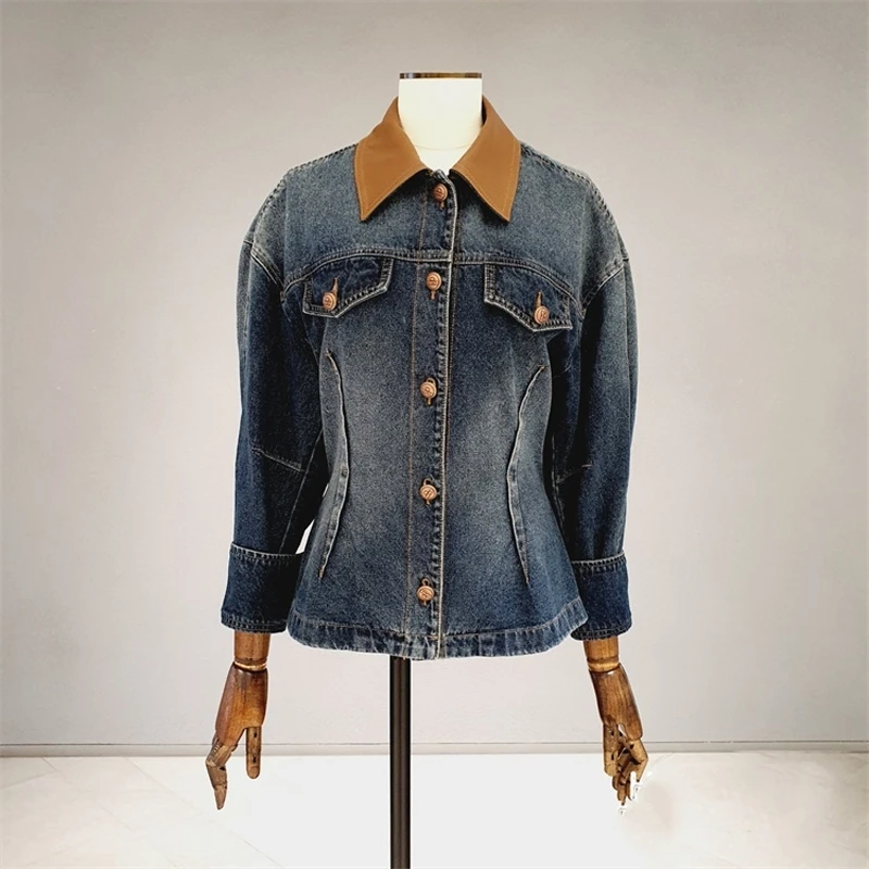

Retro Color Blo Cotton Denim Jaet And Fi Tail Skirt Set Women's Faion Autumn Outfit High Waist Long Sve Collared