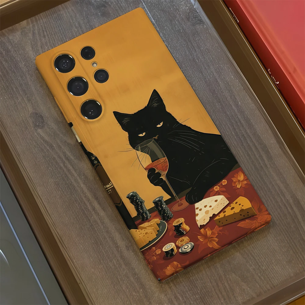 النبيذ والجبن القط قضية الهاتف لسامسونج غالاكسي S25 S24 S23 الترا زائد A35 A55 لامعة HD الغلاف الصلب فيلم قذيفة