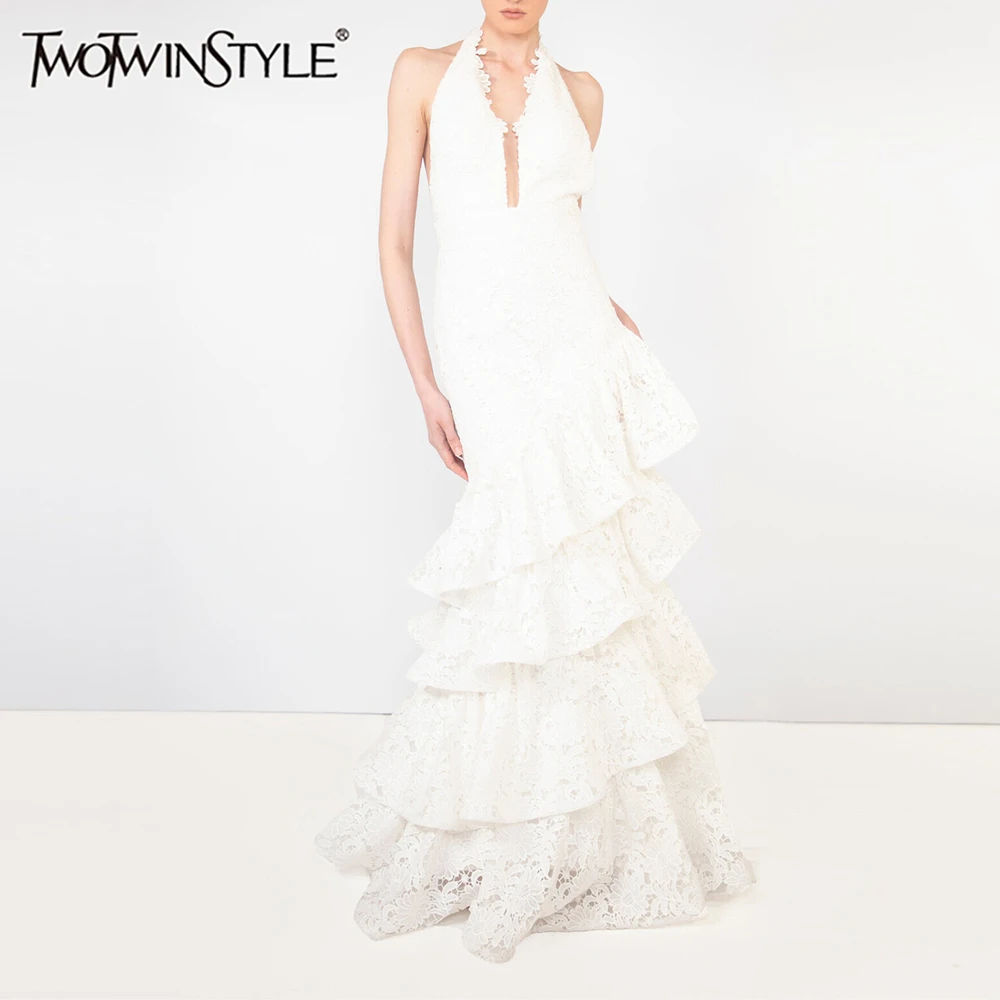 

TWOTWINSTYLE Solid Slimming Spliced Lace Midi Dresses for Women V Neck Sleeveless Patchwork Ruffles Fold Dress Female Clothing