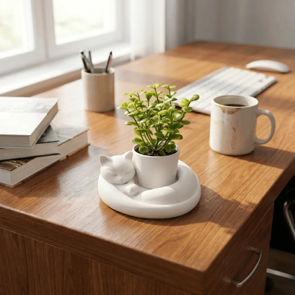 Creative 3D Printed Cat Sleeping Flowerpot Plastic Cartoon Cat-Shaped Planter Pot Uniquely Lying Cat Shape Succulent Pot Desktop