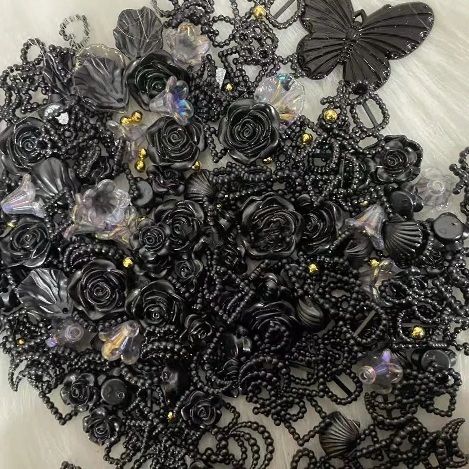 50g Mixed Goth Black Pearl Nail Charm Hollow Bow/Heart/Camellia/Butterfly Embellishments DIY Phone/Manicure Making Decor 10*10mm