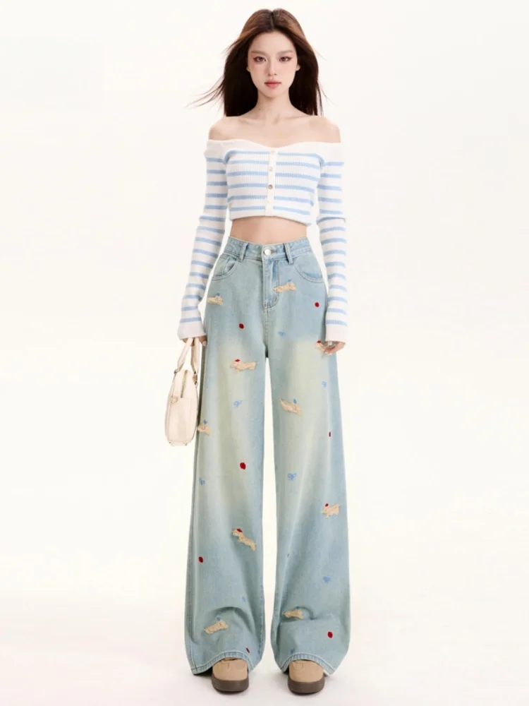 

plus Size Embroidered Design Fleece Lined High Waist Straight Leg Jeans Women Winter New Style Loose Slimming Wide Leg Pants