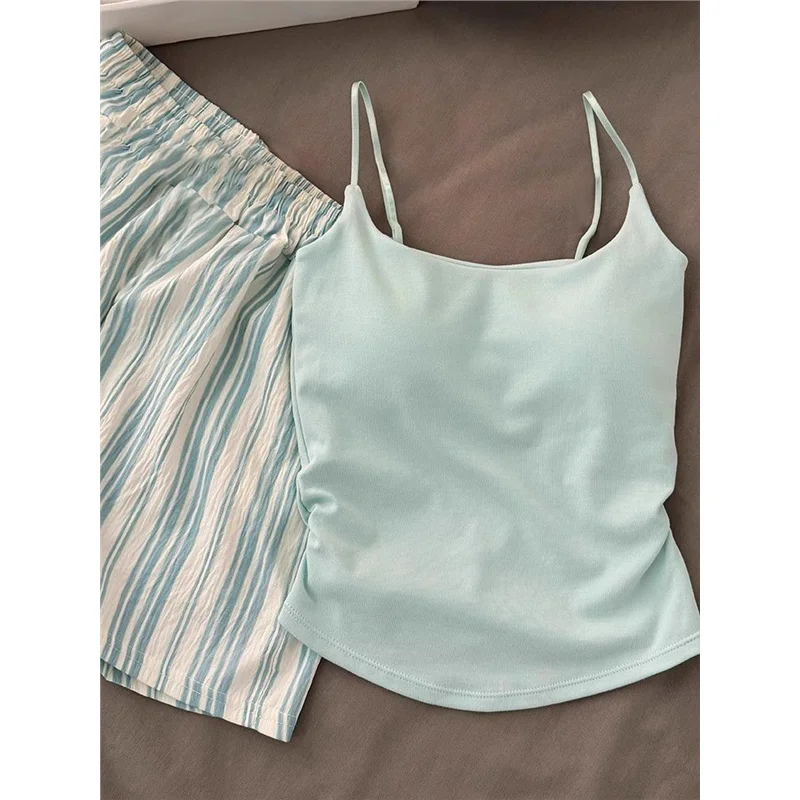 New Short Sleeve Sleepwear Set with Chest Pad Summer Thin Comfortable Home Clothes Girl Style Summer Short Pants Set