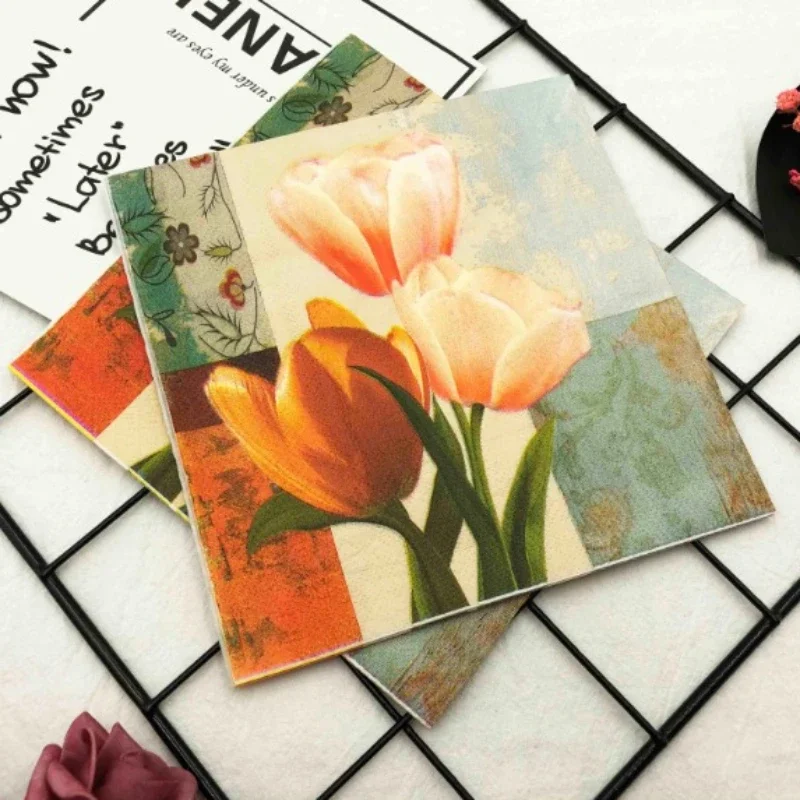 Colourful Printed Napkin Tulip Flower Wedding Party Folded Paper Napkin Mouth Cloth Towel Party Decoration Paper 20pcs/pac 2-Ply