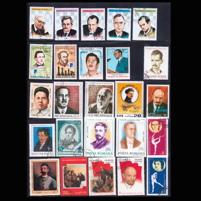 100 verschiedene, berühmte Persönlichkeiten als Motiv für echte Briefmarken, Sammelbriefmarken, Material für Scrapbooking. – Detail 1