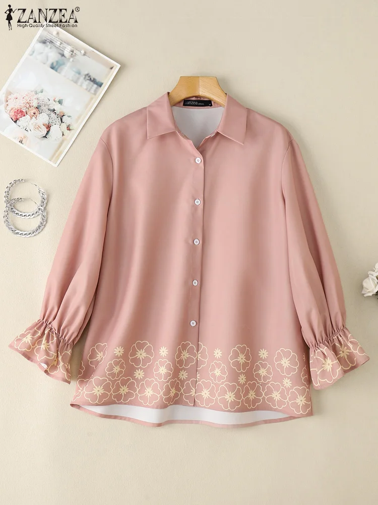 2023 ZANZEA Muslimische Frauen Bluse Mode Lange Ausgestellte Ärmel Gedruckt Tops Casual Taste Hemd Türkei Abaya Kaftan Islamische Kleidung