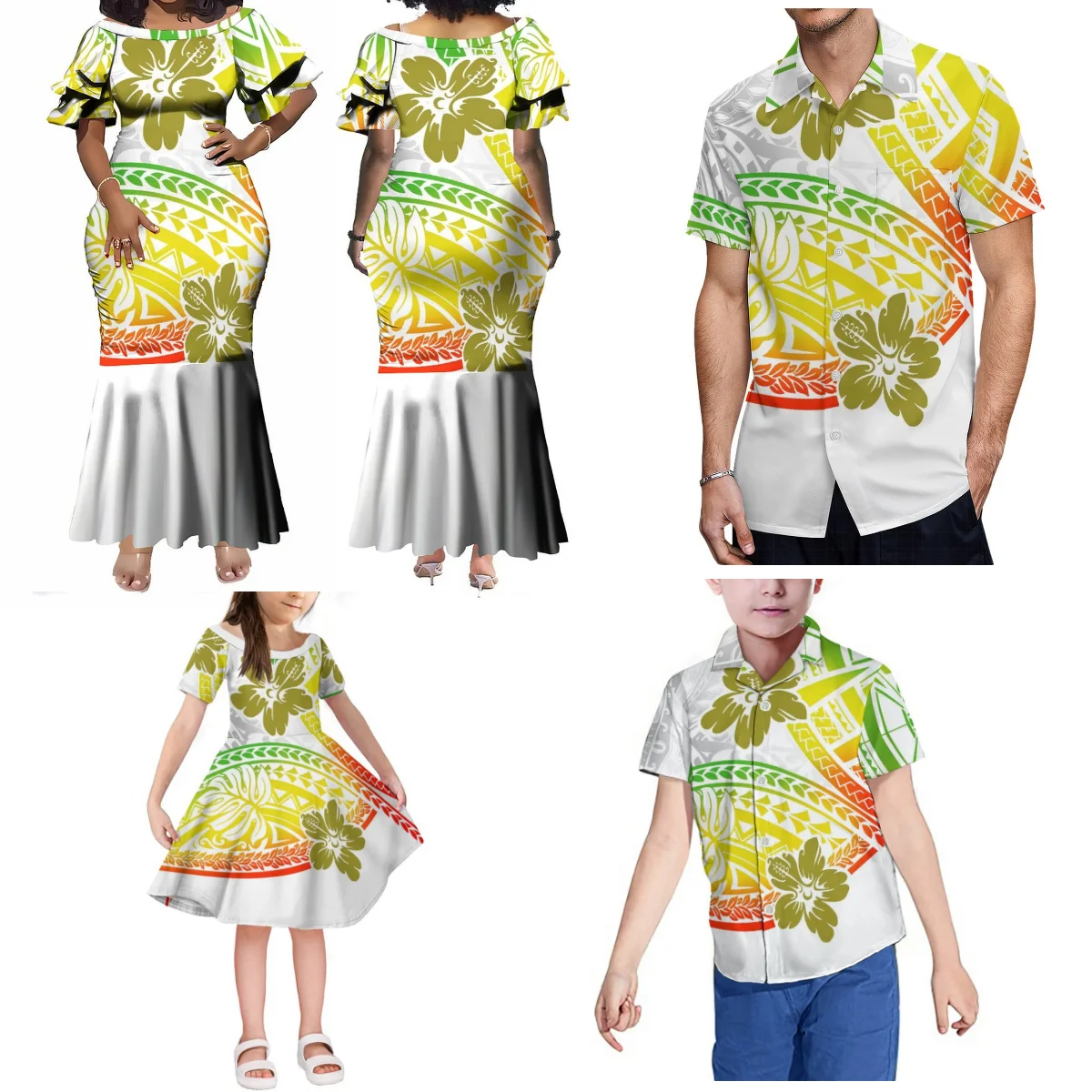 Samoan Family Party Suit Polynesian Custom Ethnic Fishtail Dress And Shirt Father Mother Son Daughter Pacific Island Dress