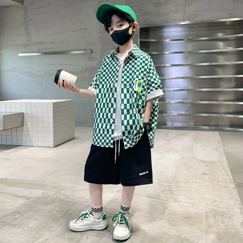 Boys' Checkerboard Casual Shirt 2026 Summer New Style Kids Medium Large Handsome Trendy Cotton Blend