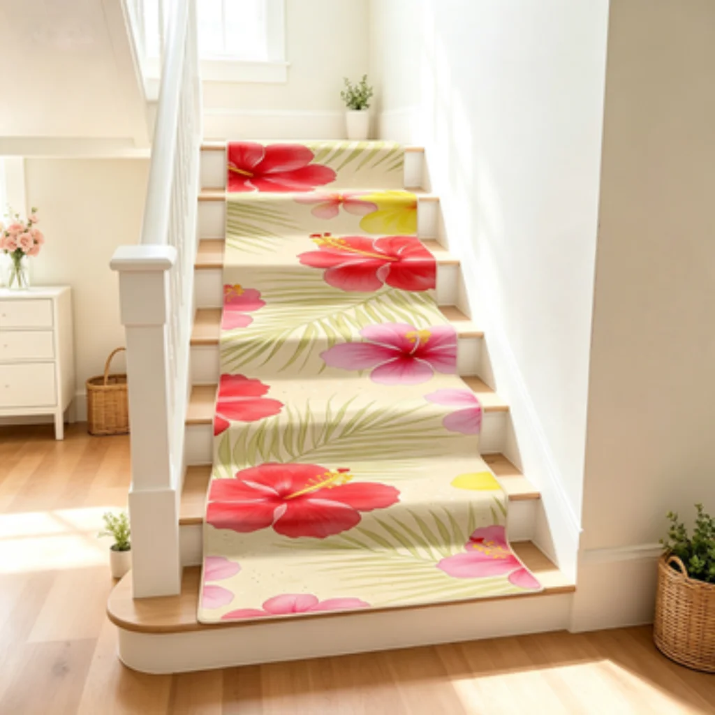 Hawaiian Floral,Watermelon&Pineapple Pattern Self-adhesive Long Stair Runner Mat,Vibration-dampening Non-slip Stair Tread Rug