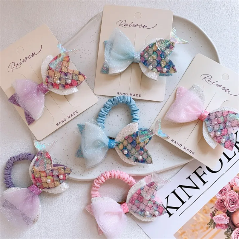 

Iridescent Glitter Mermaid Tail Hair Clips Hair Ties for Girls Cute Baby Cartoon Princess Ponytail Holders Non Slip No Damage
