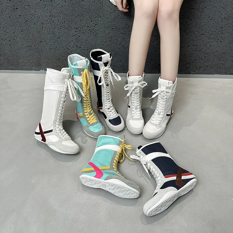 

Spring Summer High Top Zipper Soft Bottom Flat Bottom Fashion Color Block Tie Women's Boots Casual Comfortable Breathable