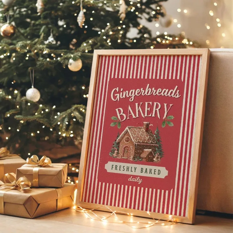 Vintage Gingerbread Bakery Canvas Wall Art Unframed Red Striped Print Freshly Baked Daily Christmas Sign Poster Kitchen Decor