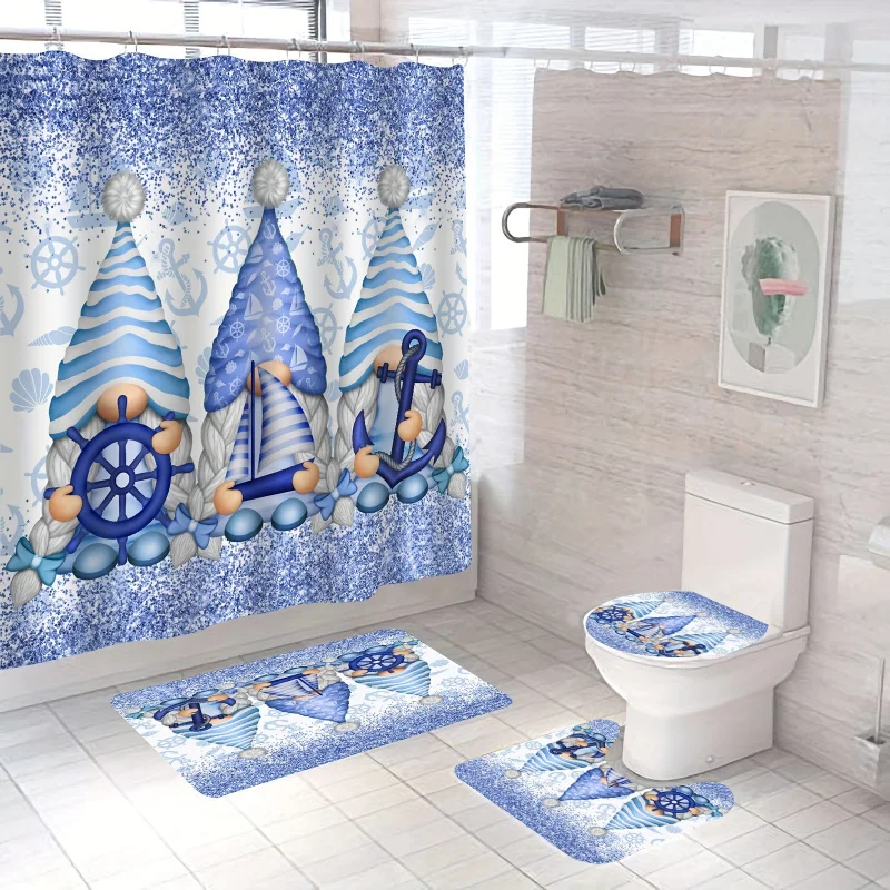 1/4pcs Cute Gnomes Set, Navigation Sparkly Shower Curtain With 12 Hooks, Non-Slip Bathroom Rug, Toilet U-Shape Ma