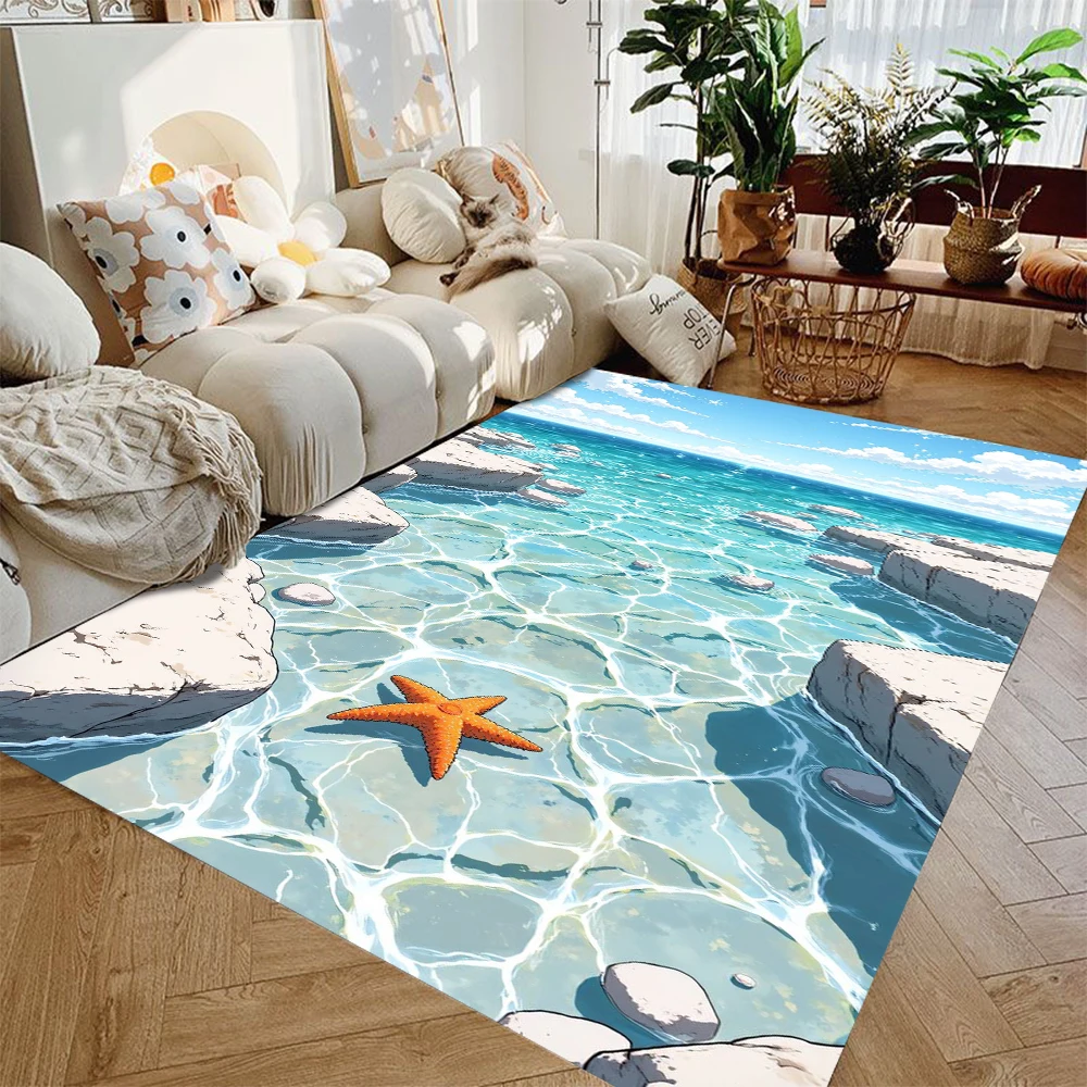 Summer Beach-themed Printed Carpet 2D Marine Element Living Room Carpet Slip-resistant Mat for Bedroom Area Home Decoration