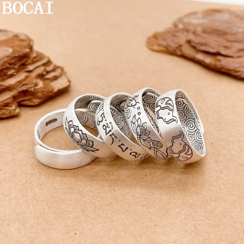 BOCAI S990 Sterling Silver Rings for Women Men  Emboss Lotus Six Syllable Mantra Elephant New Fashion Jewelry Wholesale